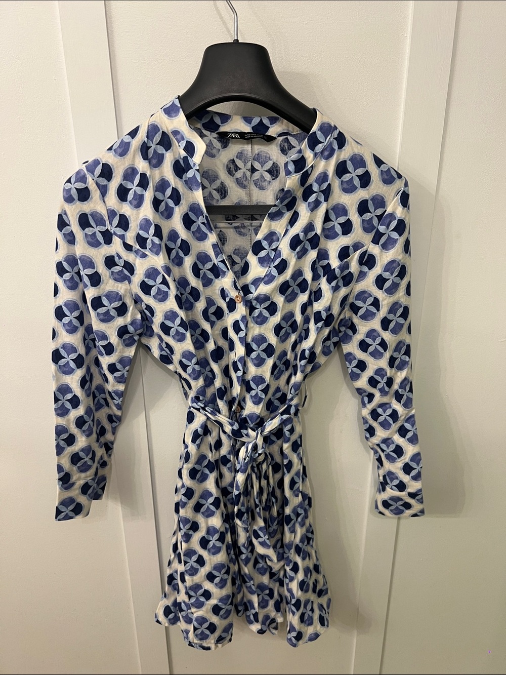Zara Navy and White Printed Linen Dress
